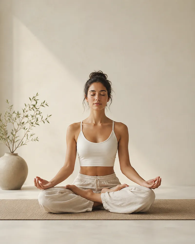 Femme pratiquant la méditation ou le yoga dans un intérieur minimaliste et apaisant.